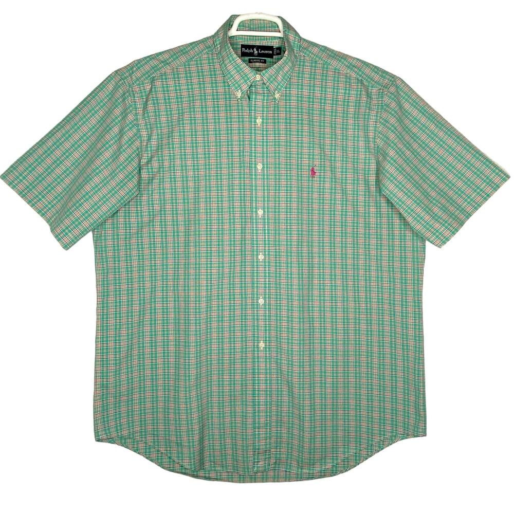 Ralph Lauren Plaid Shirt Green Classic Fit Button Up Short Sleeve Pony XL Preppy